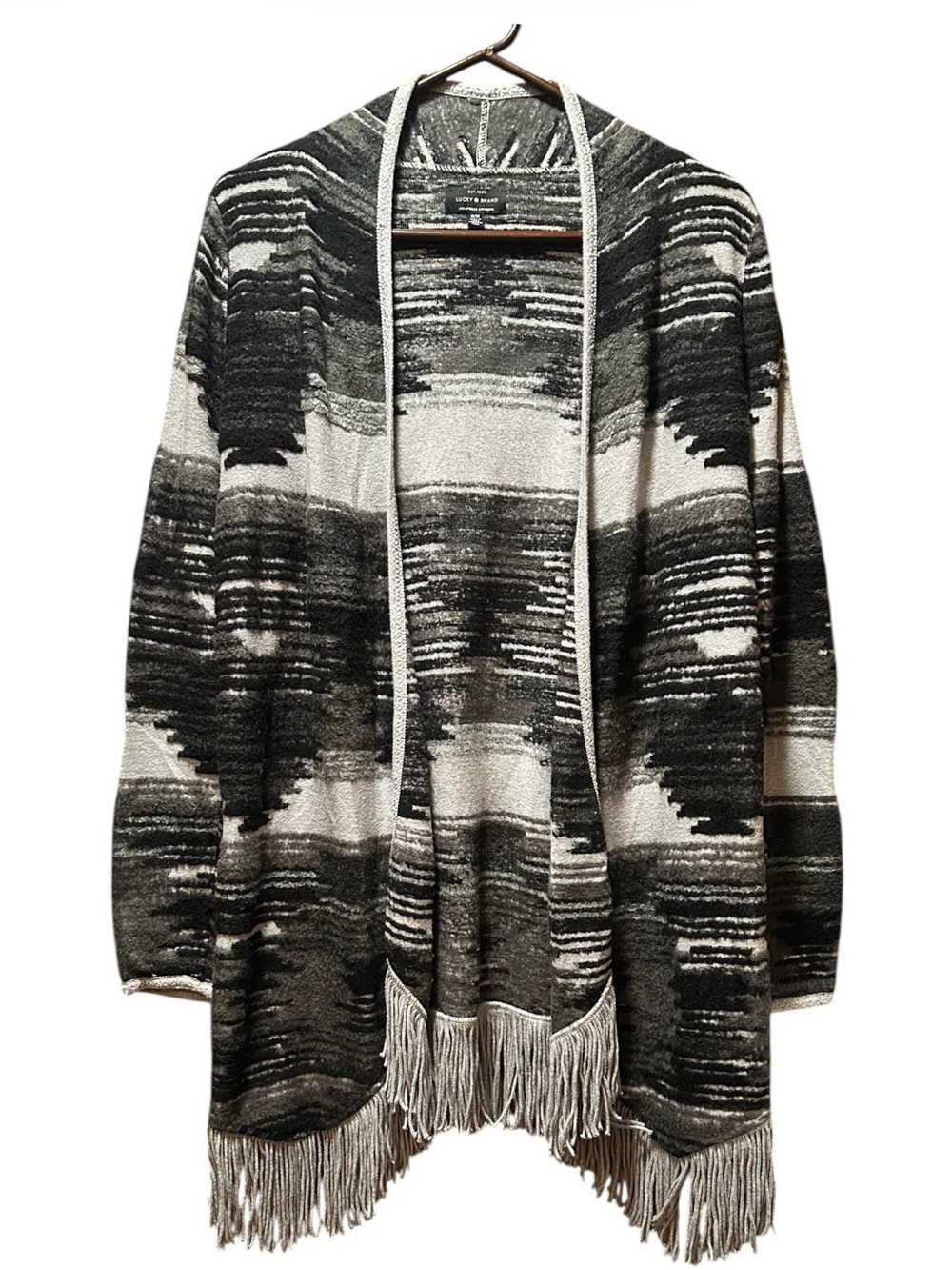 Lucky Brand Black & Grey Open-Front Fringe Cardigan